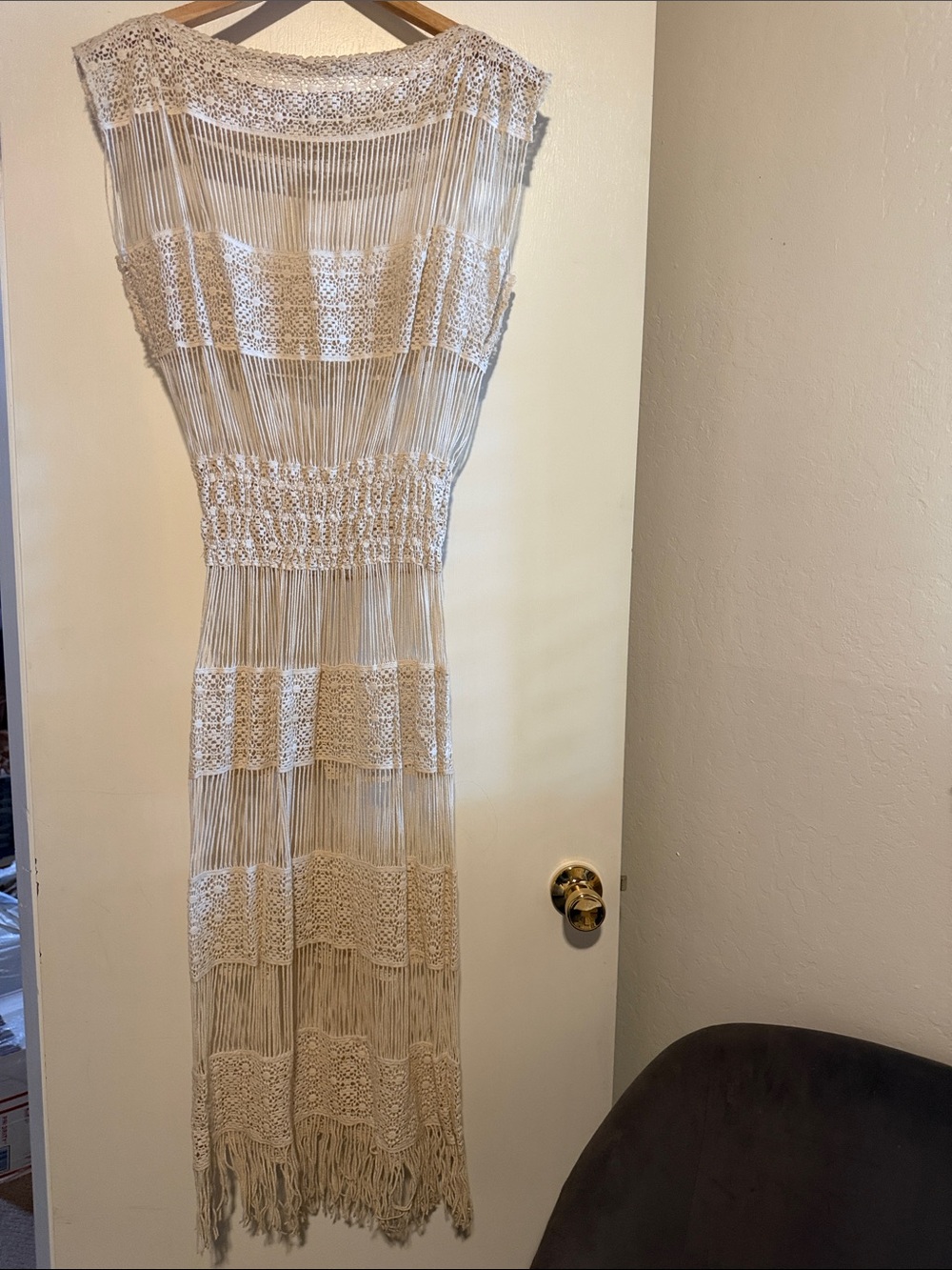 Boho Crochet Fringe Maxi Dress swim cover up - Cream